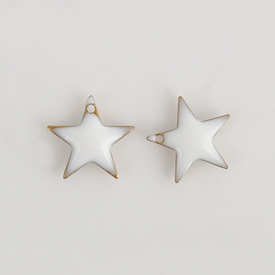 Picture of Brass Enamelled Sequins Charms Pentagram Star Unplated White Enamel 12mm( 4/8") x 11mm( 3/8"), 10 PCs                                                                                                                                                         