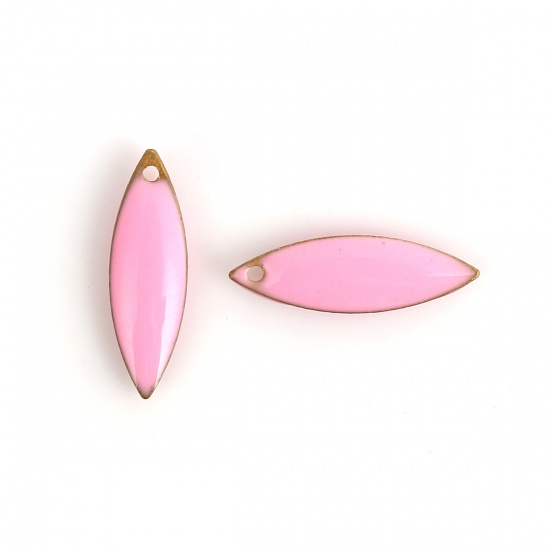 Picture of Brass Enamelled Sequins Charms Marquise Unplated Pink Enamel 16mm( 5/8") x 5mm( 2/8"), 10 PCs                                                                                                                                                                 
