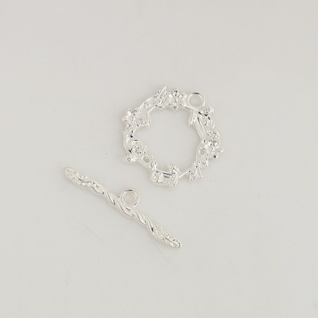 Zinc Based Alloy Toggle Clasps Circle Ring Silver Plated Flower Leaves 29mm x 6mm 22mm x 21mm, 2 Sets