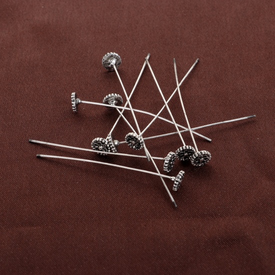 Picture of Zinc Based Alloy Ball Head Pins Antique Silver Color Flower 5.5cm(2 1/8") long, 0.7mm (21 gauge), 20 PCs