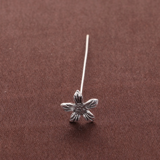Bild von Zinklegierung Kettelstifte Antiksilber Blumen 5.5cm lang, 0.7mm (21 gauge) , 20 Stück