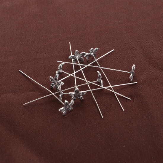 Picture of Zinc Based Alloy Ball Head Pins Antique Silver Color Flower 5.5cm(2 1/8") long, 0.7mm (21 gauge), 20 PCs