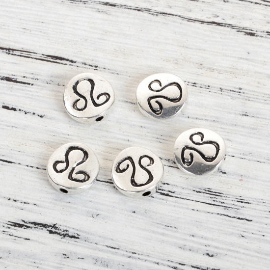 Picture of Zinc Based Alloy Spacer Beads Round Antique Silver Leo Sign Of Zodiac Constellations About 10mm Dia, Hole: Approx 1.5mm, 50 PCs
