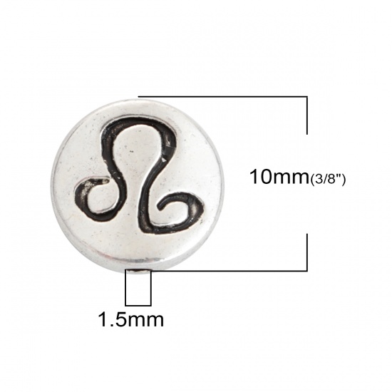 Picture of Zinc Based Alloy Spacer Beads Round Antique Silver Color Leo Sign Of Zodiac Constellations About 10mm Dia, Hole: Approx 1.5mm, 50 PCs