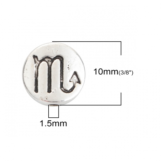 Picture of Zinc Based Alloy Spacer Beads Round Antique Silver Scorpio Sign Of Zodiac Constellations About 10mm Dia, Hole: Approx 1.5mm, 50 PCs