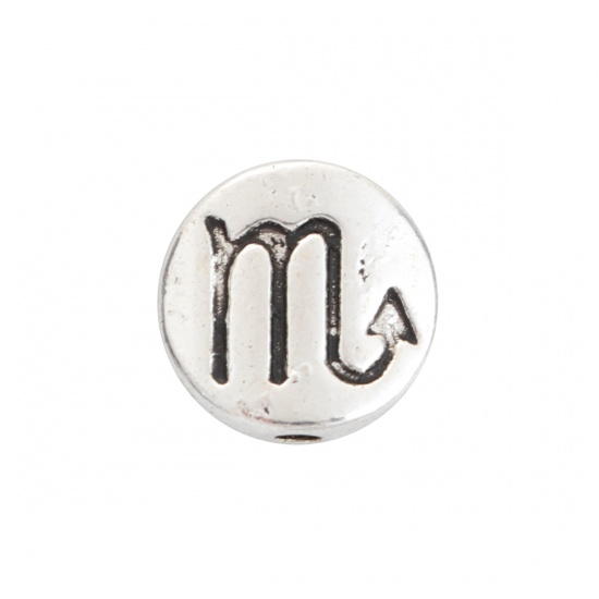 Picture of Zinc Based Alloy Spacer Beads Round Antique Silver Color Scorpio Sign Of Zodiac Constellations About 10mm Dia, Hole: Approx 1.5mm, 50 PCs