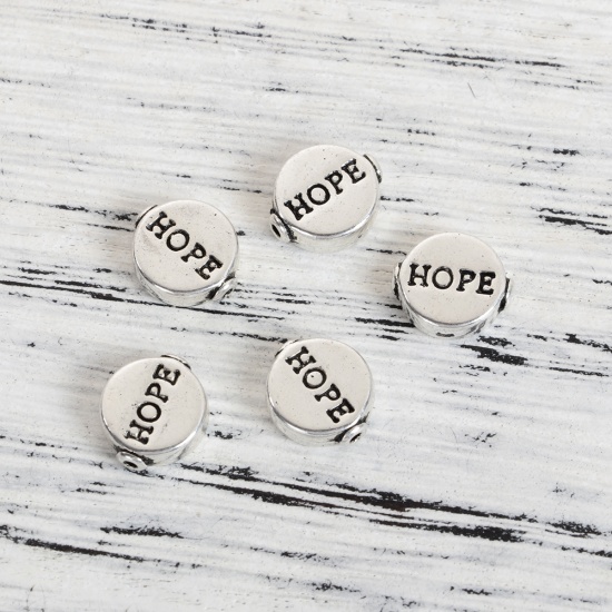 Picture of Zinc Based Alloy Spacer Beads Flat Round Antique Silver Color Message " Hope " 10mm x 9mm, Hole: Approx 0.8mm, 50 PCs