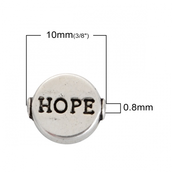 Picture of Zinc Based Alloy Spacer Beads Flat Round Antique Silver Color Message " Hope " 10mm x 9mm, Hole: Approx 0.8mm, 50 PCs