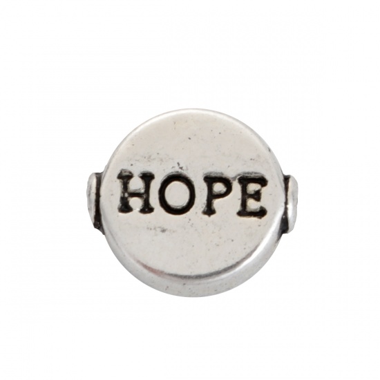 Picture of Zinc Based Alloy Spacer Beads Flat Round Antique Silver Message " Hope " 10mm x 9mm, Hole: Approx 0.8mm, 50 PCs