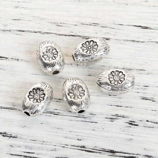 Picture of Zinc Based Alloy Spacer Beads Oval Antique Silver Flower 16mm x 11mm, Hole: Approx 2.6mm, 10 PCs