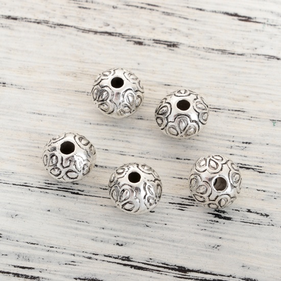 Picture of Zinc Based Alloy Spacer Beads Round Antique Silver Color Flower About 12mm Dia, Hole: Approx 2.7mm, 10 PCs