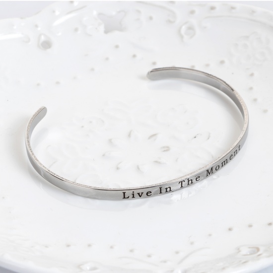 Picture of Stainless Steel Positive Quotes Energy Open Cuff Bangles Bracelets Silver Tone Message " Live In The Moment " 16.7cm(6 5/8") long, 1 Piece