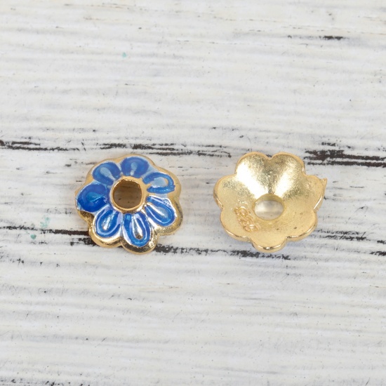 Immagine di Ottone Cloisonne Coppette Copriperla Fiore Oro Placcato Blu Marino Smalto ( Adatto Perline: 10mm Dia.) 8mm x 8mm, 5 Pz                                                                                                                                        