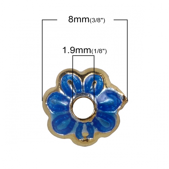 Immagine di Ottone Cloisonne Coppette Copriperla Fiore Oro Placcato Blu Marino Smalto ( Adatto Perline: 10mm Dia.) 8mm x 8mm, 5 Pz                                                                                                                                        