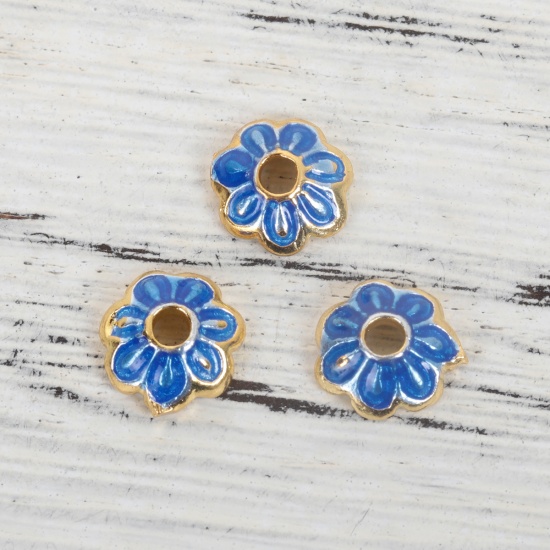 Immagine di Ottone Cloisonne Coppette Copriperla Fiore Oro Placcato Blu Marino Smalto ( Adatto Perline: 10mm Dia.) 8mm x 8mm, 5 Pz                                                                                                                                        