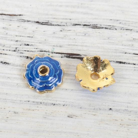 Picture of Brass Cloisonne Beads Caps Flower Gold Plated Royal Blue Enamel (Fit Beads Size: 12mm Dia.) 8mm( 3/8") x 8mm( 3/8"), 5 PCs                                                                                                                                    