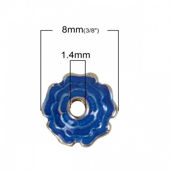 Immagine di Ottone Cloisonne Coppette Copriperla Fiore Oro Placcato Blu Marino Smalto ( Adatto Perline: 12mm Dia.) 8mm x 8mm, 5 Pz                                                                                                                                        