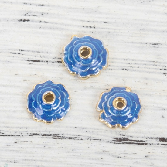 Immagine di Ottone Cloisonne Coppette Copriperla Fiore Oro Placcato Blu Marino Smalto ( Adatto Perline: 12mm Dia.) 8mm x 8mm, 5 Pz                                                                                                                                        