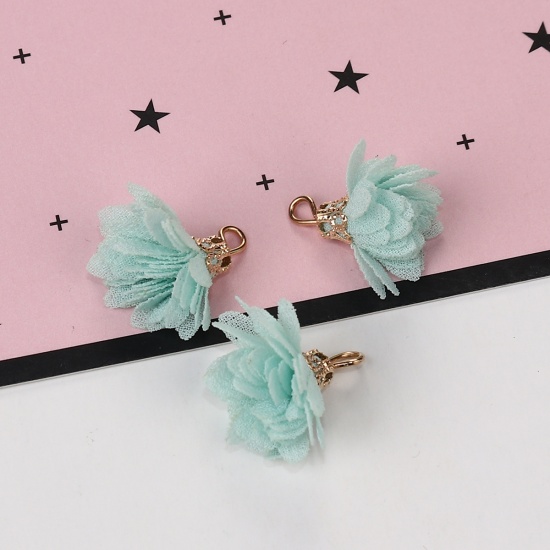 Picture of Gauze Tassel Charms Chrysanthemum Flower Gold Plated Mint Green About 20mm( 6/8") x 20mm( 6/8"), 20 PCs