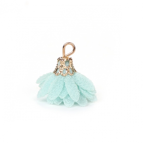 Picture of Gauze Tassel Charms Chrysanthemum Flower Gold Plated Mint Green About 20mm( 6/8") x 20mm( 6/8"), 20 PCs