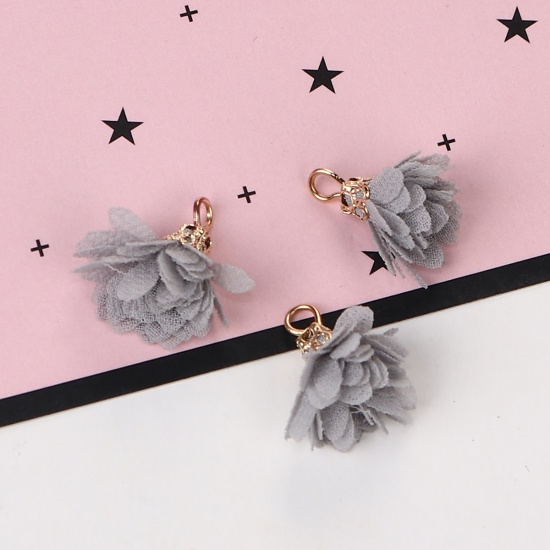Picture of Gauze Tassel Charms Chrysanthemum Flower Gold Plated Gray About 20mm( 6/8") x 20mm( 6/8"), 20 PCs