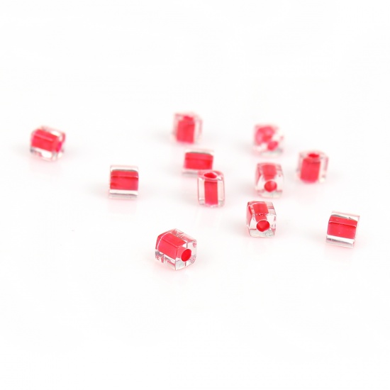 Picture of Glass (Japan Import) Square Seed Beads Red Transparent Clear Inside Color About 4mm x4mm( 1/8" x 1/8") - 3.5mm x3.5mm( 1/8" x 1/8"), Hole: Approx 1.3mm, 10 Grams (Approx 10 PCs/Gram)