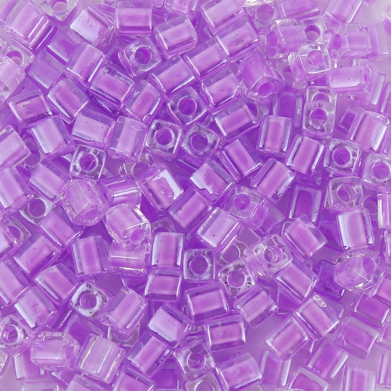 Picture of Glass (Japan Import) Square Seed Beads Pale Lilac Transparent Inside Color About 4mm x4mm( 1/8" x 1/8") - 3.5mm x3.5mm( 1/8" x 1/8"), Hole: Approx 1.3mm, 10 Grams (Approx 10 PCs/Gram)