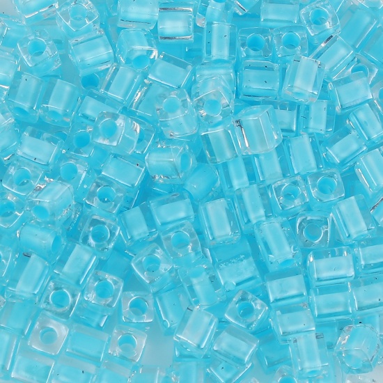 Picture of Glass (Japan Import) Square Seed Beads Light Blue Transparent Inside Color About 4mm x4mm( 1/8" x 1/8") - 3.5mm x3.5mm( 1/8" x 1/8"), Hole: Approx 1.3mm, 10 Grams (Approx 10 PCs/Gram)