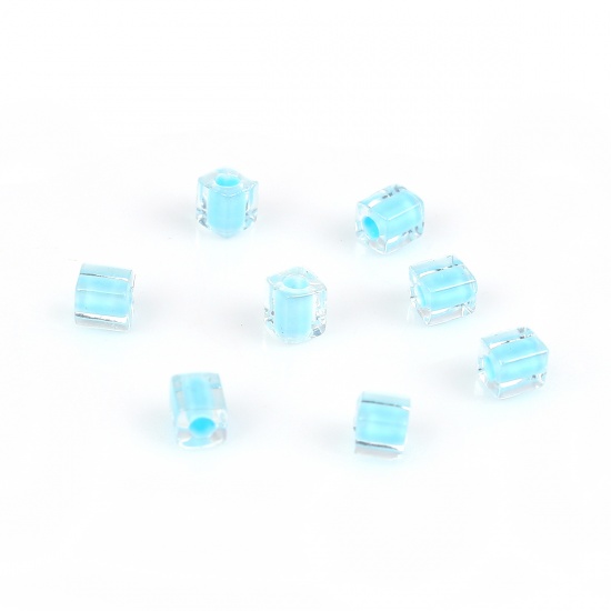 Picture of Glass (Japan Import) Square Seed Beads Light Blue Transparent Inside Color About 4mm x4mm( 1/8" x 1/8") - 3.5mm x3.5mm( 1/8" x 1/8"), Hole: Approx 1.3mm, 10 Grams (Approx 10 PCs/Gram)