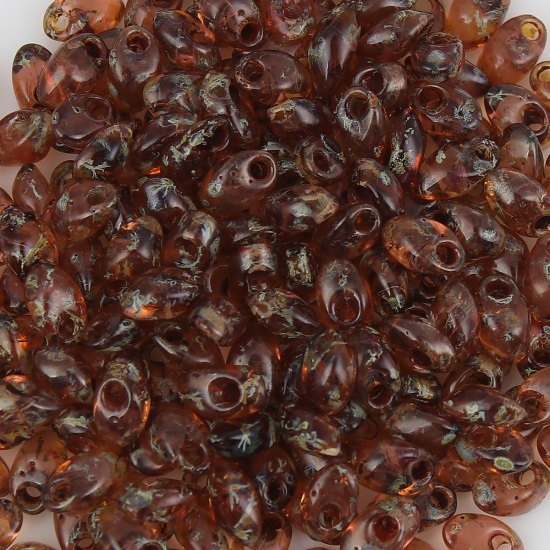 Picture of (Japan Import) Glass Picasso Coated Long Magatama Seed Beads Light Brown Smoked Transparent About 8mm x 4mm - 7mm x 4mm, Hole: Approx 1.3mm, 10 Grams (Approx 8 PCs/Gram)