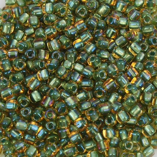 Picture of (Japan Import) Glass Triangle Seed Beads Green & Yellow Inside Color About 3mm x 2.8mm, Hole: Approx 0.8mm, 10 Grams (Approx 28 PCs/Gram)