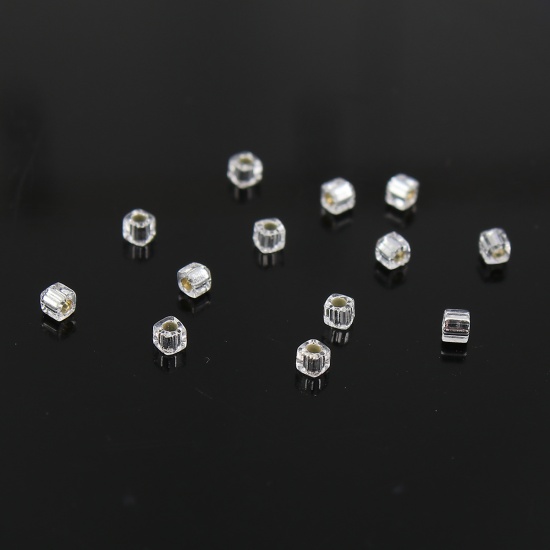 Picture of Glass (Japan Import) Square Seed Beads Transparent Clear Silver Lined About 1.8mm( 1/8") x 1.8mm( 1/8"), Hole: Approx 0.4mm, 10 Grams (Approx 75 PCs/Gram)
