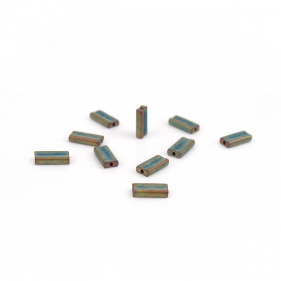 Picture of (Japan Import) Glass Oblong Seed Beads Rectangle Sage Green Metallic Frosted About 9mm x 4mm, Hole: Approx 0.6mm, 5 Grams (Approx 6 PCs/Gram)