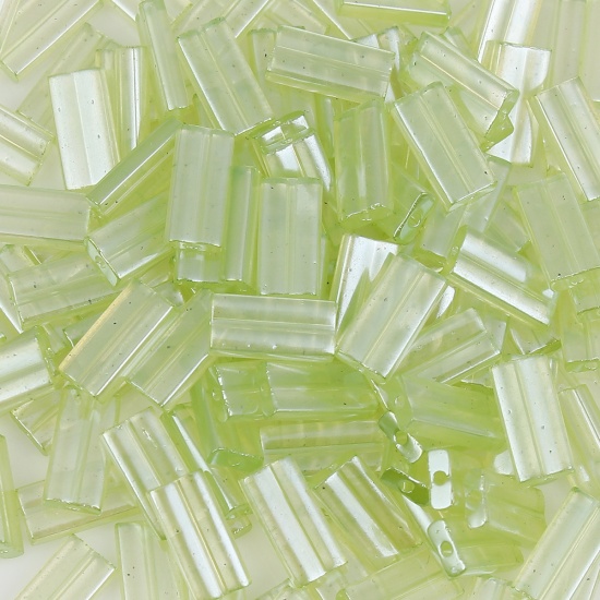 Picture of (Japan Import) Glass Oblong Seed Beads Rectangle Yellow-green Luster Transparent About 9mm x 4mm, Hole: Approx 0.6mm, 10 Grams (Approx 6 PCs/Gram)
