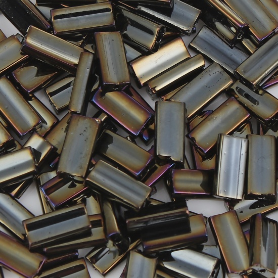 Picture of (Japan Import) Glass Oblong Seed Beads Rectangle Dark Gray Metallic About 9mm x 4mm, Hole: Approx 0.6mm, 10 Grams (Approx 6 PCs/Gram)