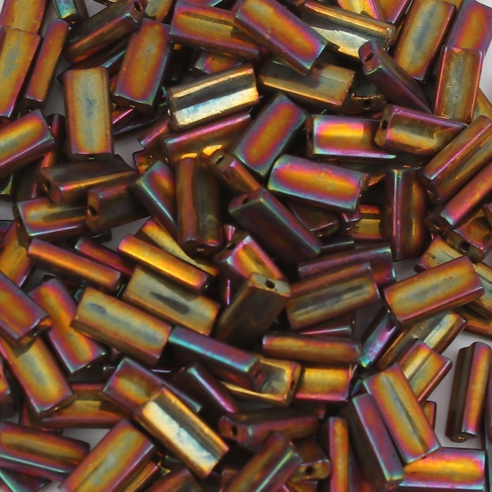 Picture of (Japan Import) Glass Oblong Seed Beads Rectangle Orange Metallic AB Color About 9mm x 4mm, Hole: Approx 0.6mm, 5 Grams (Approx 6 PCs/Gram)