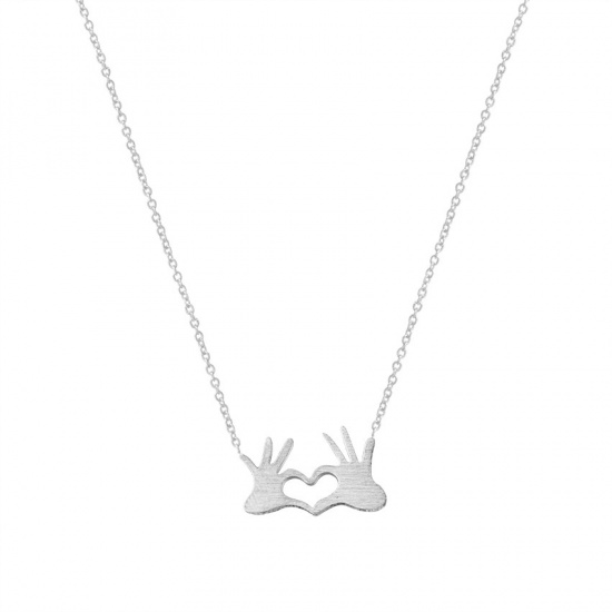 Picture of Valentine's Day Pendant Necklace Silver Tone Hand Sign Gesture Heart 43.5cm(17 1/8") long, 1 Piece