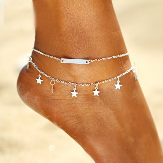 Picture of Double Layered Anklet Silver Plated Rectangle 22.2cm(8 6/8") long, 1 Piece
