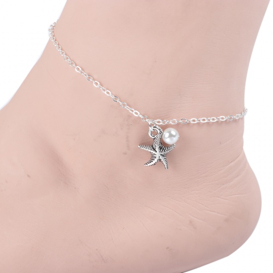 Picture of Anklet Silver Plated Star Fish Imitation Pearl 21.5cm(8 4/8") long, 1 Piece