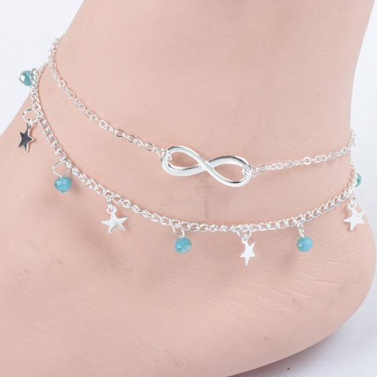Picture of Double Layered Anklet Silver Plated Blue Infinity Symbol 22cm(8 5/8") long, 1 Piece