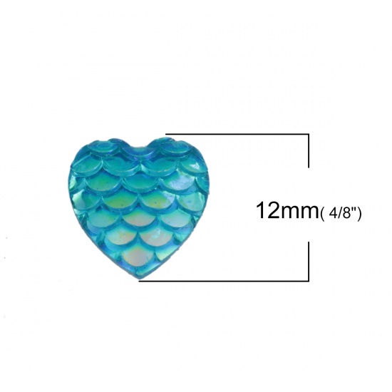 Picture of Resin Mermaid Fish/ Dragon Scale Dome Seals Cabochon Heart Lake Blue AB Color 12mm( 4/8") x 12mm( 4/8"), 50 PCs