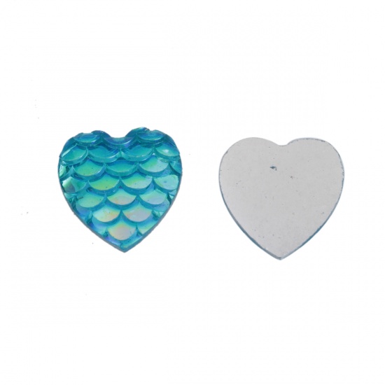 Picture of Resin Mermaid Fish/ Dragon Scale Dome Seals Cabochon Heart Lake Blue AB Color 12mm( 4/8") x 12mm( 4/8"), 50 PCs