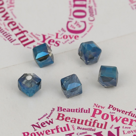 Picture of Glass Beads Square Blue Transparent Faceted About 5mm x 5mm, Hole: Approx 1.1mm, 40 PCs