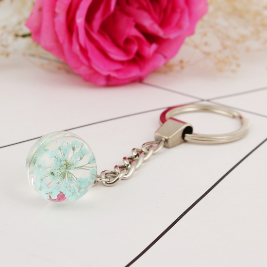 Bild von Getrocknete Blumen Transparent Glaskugel Flasche Schlüsselkette & Schlüsselring Silberfarbe Rosa 9.5cm, 2 Stück