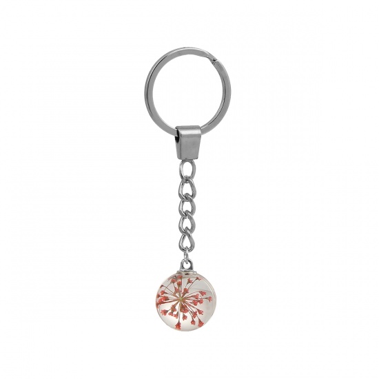 Bild von Getrocknete Blumen Transparent Glaskugel Flasche Schlüsselkette & Schlüsselring Silberfarbe Rot 9.5cm, 2 Stück
