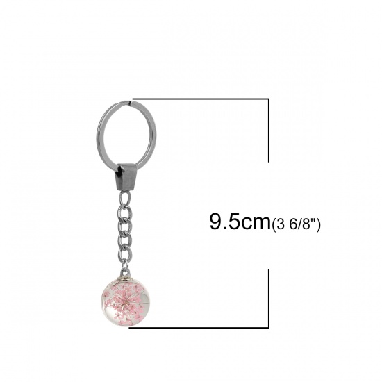 Bild von Getrocknete Blumen Transparent Glaskugel Flasche Schlüsselkette & Schlüsselring Silberfarbe Rosa 9.5cm, 2 Stück