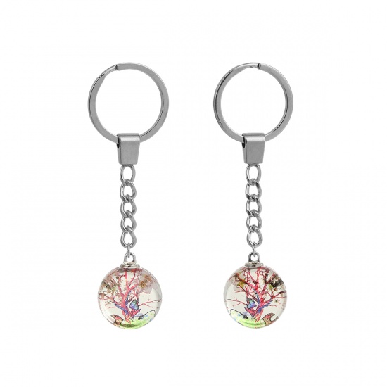 Bild von Getrocknete Blumen Schlüsselkette & Schlüsselring Baum Silberfarbe Rosa Zufällig Mix 9.8cm, 1 Stück