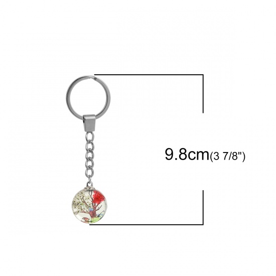 Bild von Getrocknete Blumen Transparent Glaskugel Flasche Schlüsselkette & Schlüsselring Baum Silberfarbe Weiß Zufällig Mix 9.8cm, 1 Stück