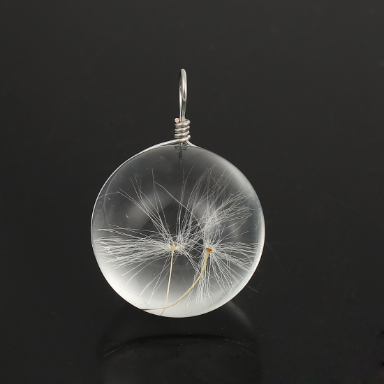 Picture of Real Dried Flower Transparent Glass Globe Bubble Bottle Charms Dandelion White 28mm(1 1/8") x 20mm( 6/8"), 2 PCs