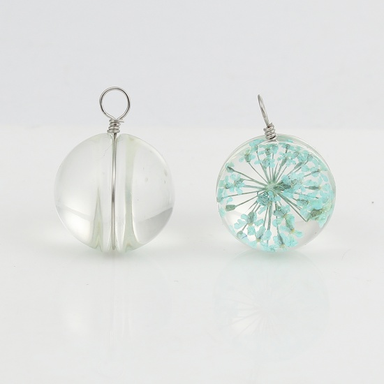 Picture of Real Dried Flower Transparent Glass Globe Bubble Bottle Charms Mint Green 28mm(1 1/8") x 20mm( 6/8"), 2 PCs